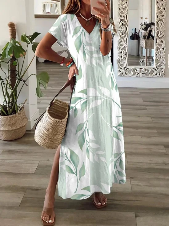 Women Floral Short Sleeve Summer Printing Dress V Neck Daily Casual Maxi T-Shirt Dress X-Line Dress