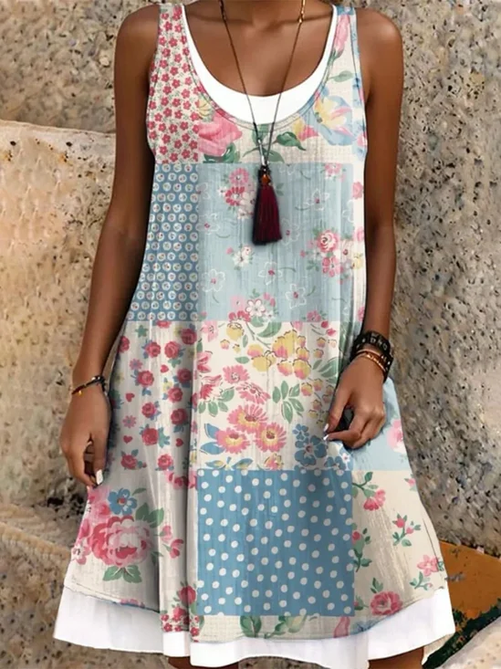 Women Floral Sleeveless Summer Dress Crew Neck Daily Casual Midi A-Line Dress