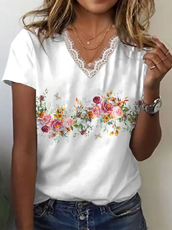 Women Floral Short Sleeve Tee T-shirt V Neck Printing Casual Summer Graphic Tee Top