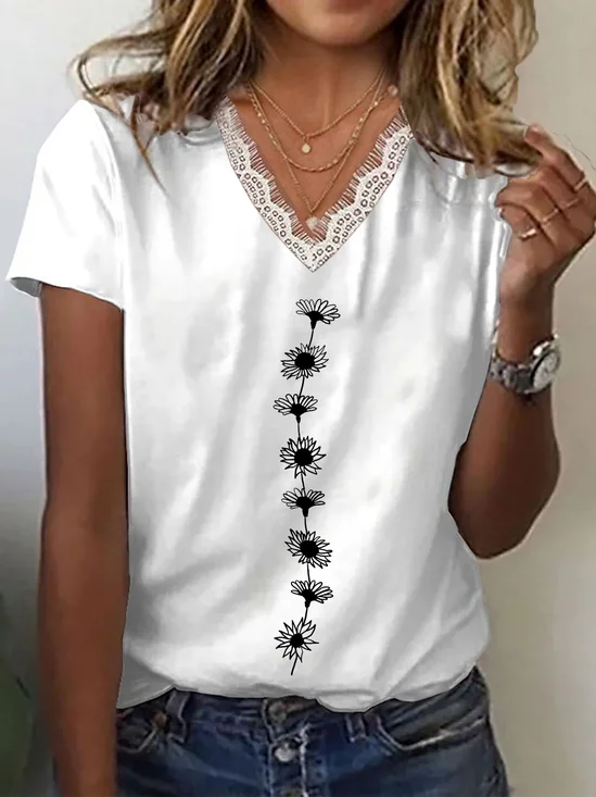 Women Floral Short Sleeve Tee T-shirt V Neck Printing Casual Summer Graphic Tee Top