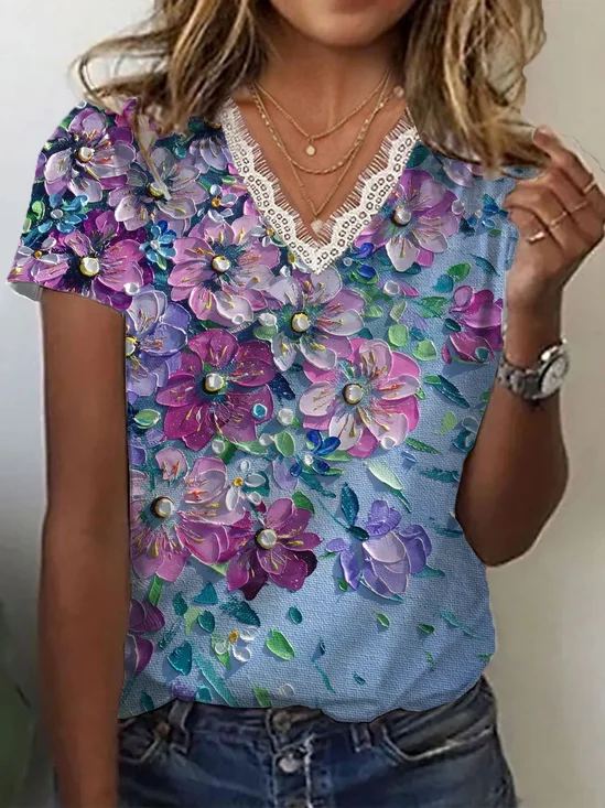 Women Floral Short Sleeve Tee T-shirt V Neck Printing Casual Summer Graphic Tee Top