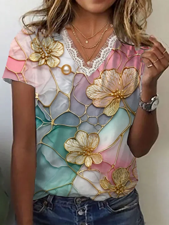 Women Floral Short Sleeve Tee T-shirt V Neck Printing Casual Summer Graphic Tee Top
