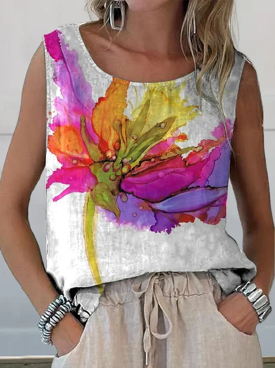 Women Sleeveless Tank Top Camisole Summer Floral Printing Crew Neck Daily Casual Top