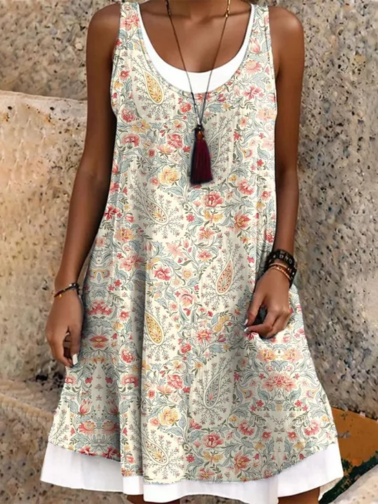 Women Floral Sleeveless Summer Dress Crew Neck Daily Casual Midi A-Line Dress