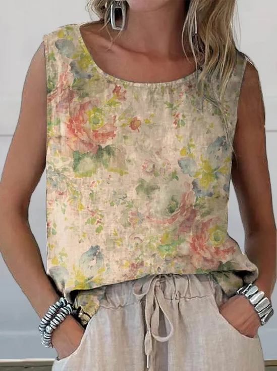 Women Sleeveless Tank Top Camisole Summer Floral Printing Crew Neck Daily Casual Top