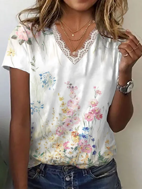 Women Floral Short Sleeve Tee T-shirt V Neck Printing Casual Summer Graphic Tee Top