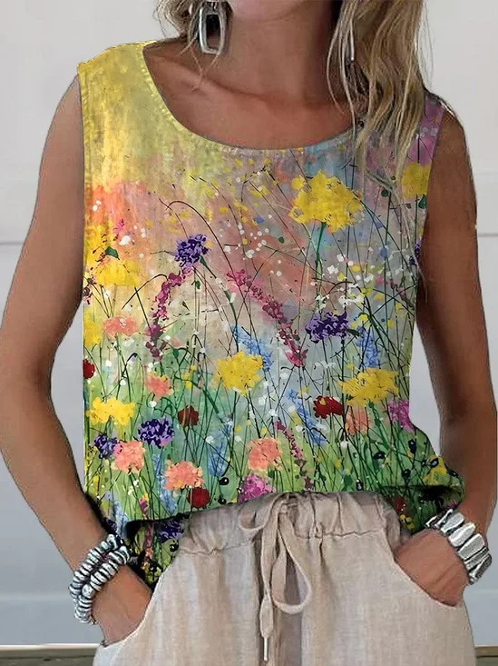 Women Sleeveless Tank Top Camisole Summer Floral Printing Crew Neck Daily Casual Top