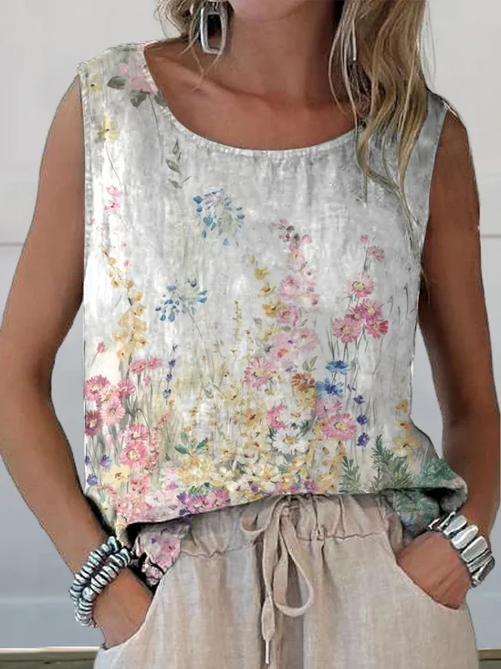 Women Sleeveless Tank Top Camisole Summer Floral Printing Crew Neck Daily Casual Top