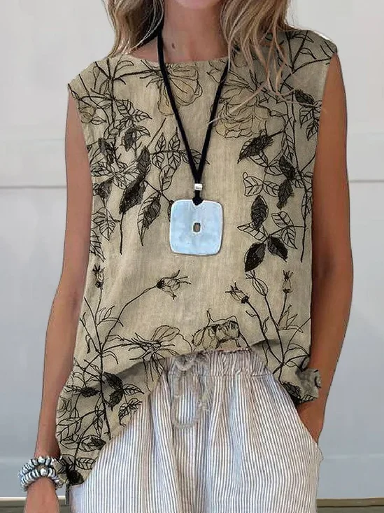 Women Sleeveless Tank Top Camisole Summer Floral Printing Crew Neck Daily Casual Top