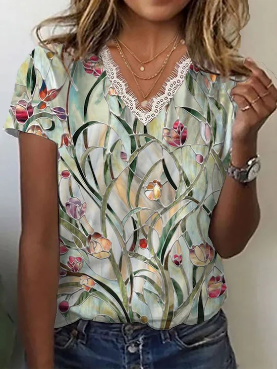 Women Floral Short Sleeve Tee T-shirt V Neck Printing Casual Summer Graphic Tee Top