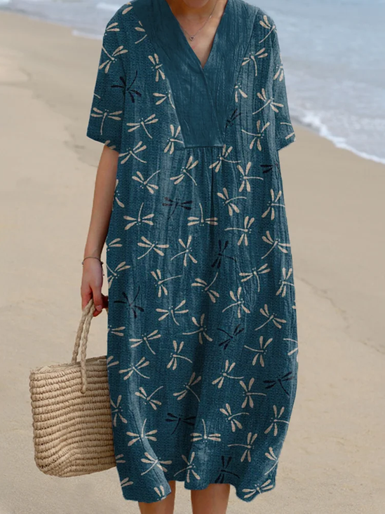 Women Dragonfly Short Sleeve Summer Dress Crew Neck Daily Casual Maxi A-Line Dress