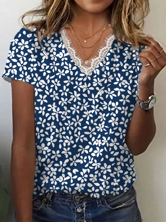 Women Floral Short Sleeve Tee T-shirt V Neck Printing Casual Summer Graphic Tee Top