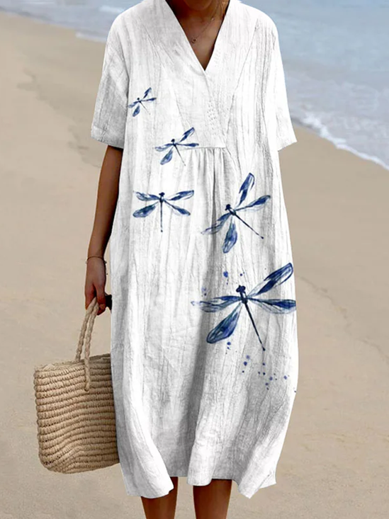 Women Dragonfly Short Sleeve Summer Dress Crew Neck Daily Casual Maxi A-Line Dress