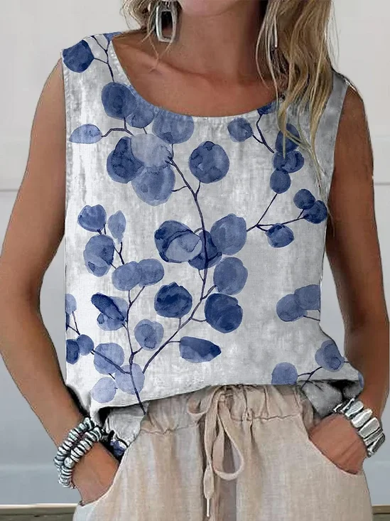 Women Sleeveless Tank Top Camisole Summer Floral Printing Crew Neck Daily Casual Top