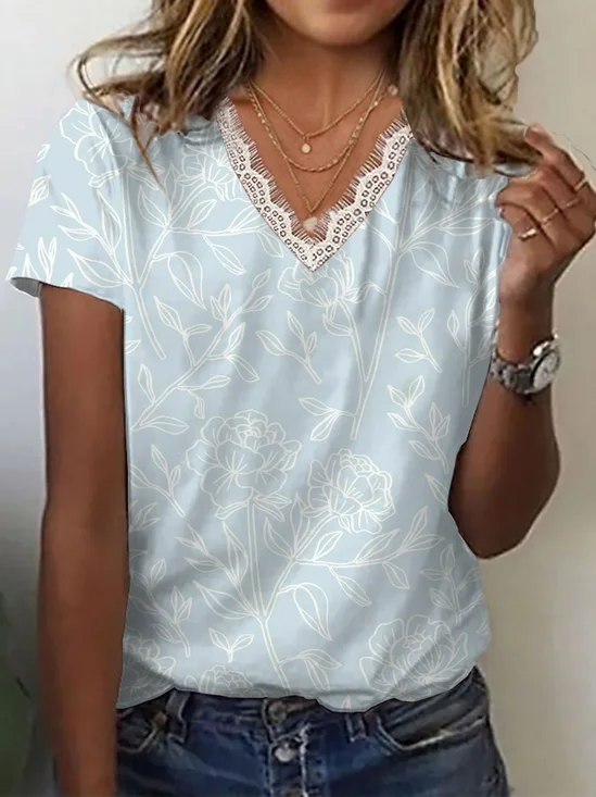 Women Floral Short Sleeve Tee T-shirt V Neck Printing Casual Summer Graphic Tee Top