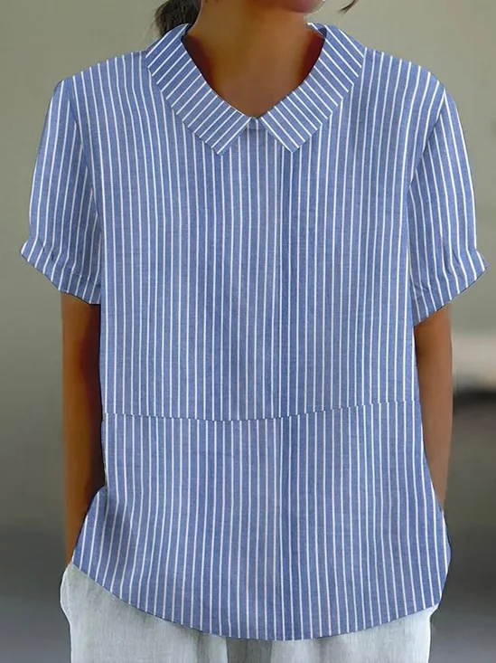 Women Striped Short Sleeve Shirt Summer Printing Shawl Collar Daily Casual Top