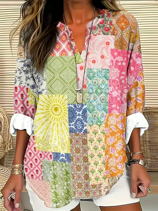 Women Floral Half Sleeve Blouse Summer Shawl Collar Daily Casual Top