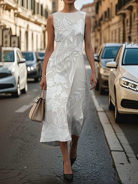 Women Floral Sleeveless Summer Printing Dress Crew Neck Daily Vintage Maxi Shift Dress H-Line Dress