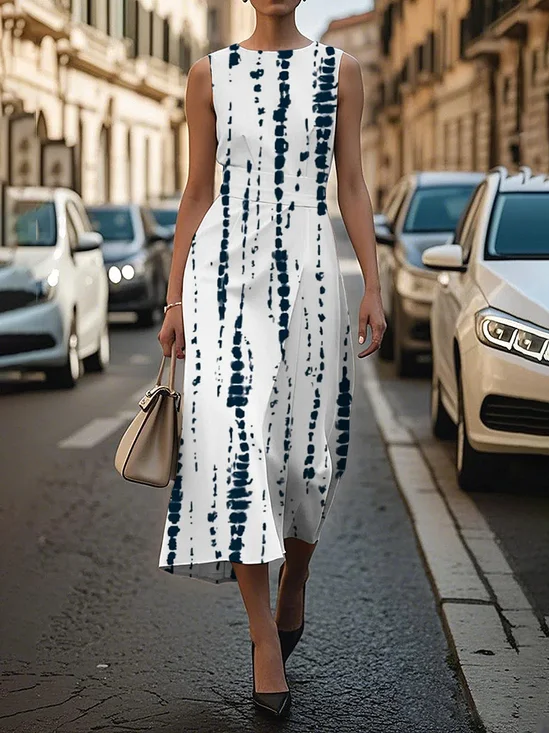 Women Striped Sleeveless Summer Printing Dress Crew Neck Daily Vintage Maxi Shift Dress H-Line Dress
