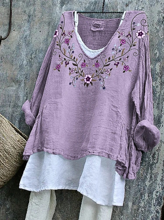 Women Floral Long Sleeve Tee T-shirt V Neck Vintage Spring/Fall Top