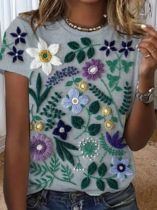 Women Floral Short Sleeve Tee T-shirt Crew Neck Printing Casual Summer Top