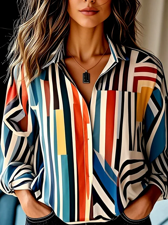 Women Geometric Long Sleeve Shirt Spring/Fall Shirt Collar Daily Casual Top