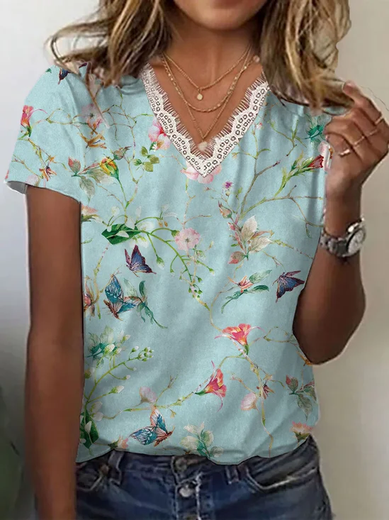 Women Floral Short Sleeve Tee T-shirt V Neck Printing Casual Summer Graphic Tee Top