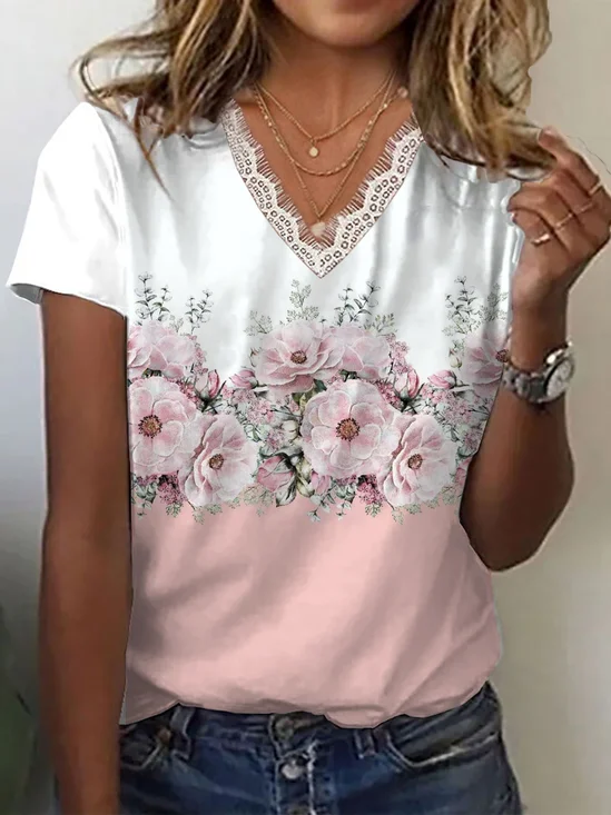 Women Floral Short Sleeve Tee T-shirt V Neck Printing Casual Summer Graphic Tee Top