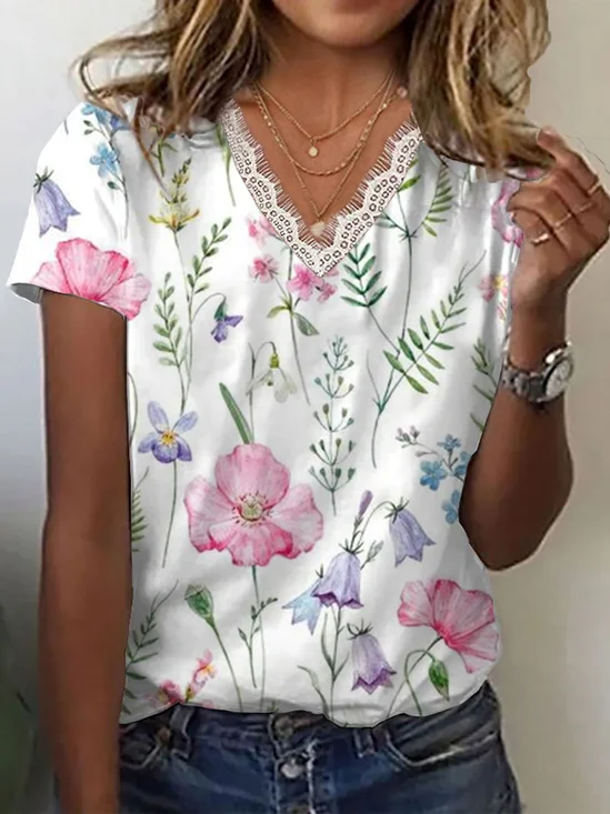 Women Floral Short Sleeve Tee T-shirt V Neck Printing Casual Summer Graphic Tee Top