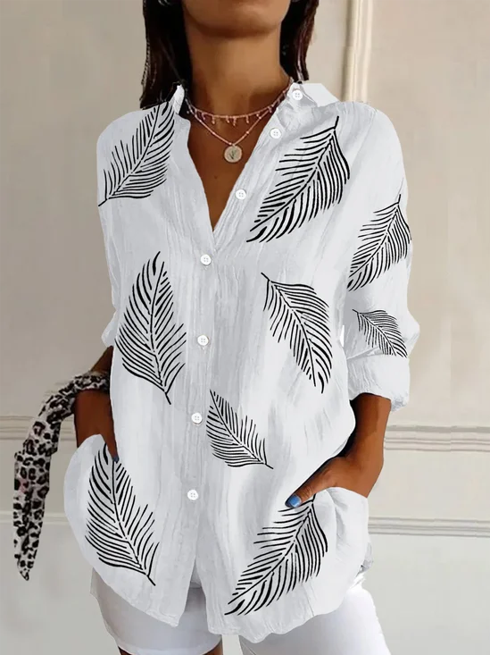 Women Feather Long Sleeve Shirt Spring/Fall Buckle Shirt Collar Daily Casual Top