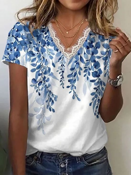 Women Floral Short Sleeve Tee T-shirt V Neck Printing Casual Summer Graphic Tee Top