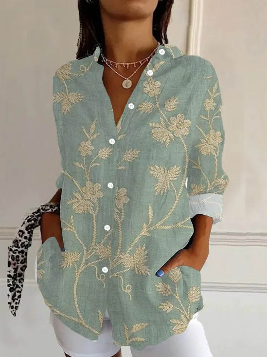 Women Floral Long Sleeve Shirt Spring/Fall Buckle Shirt Collar Daily Casual Top