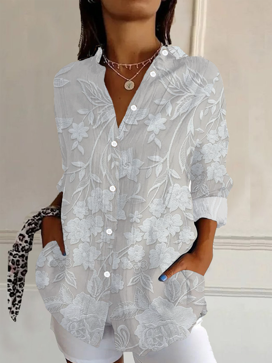 Women Floral Long Sleeve Shirt Spring/Fall Buckle Shirt Collar Daily Casual Top
