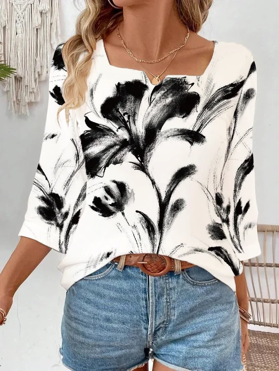 Women Floral Three Quarter Sleeve Blouse Spring/Fall Printing Notched Daily Casual Top