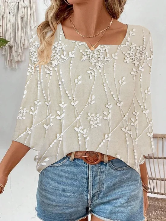 Women Floral Three Quarter Sleeve Blouse Spring/Fall Printing Notched Daily Casual Top