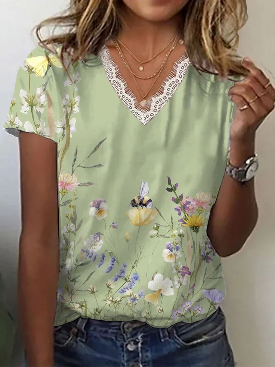 Women Floral Short Sleeve Tee T-shirt V Neck Printing Casual Summer Graphic Tee Top