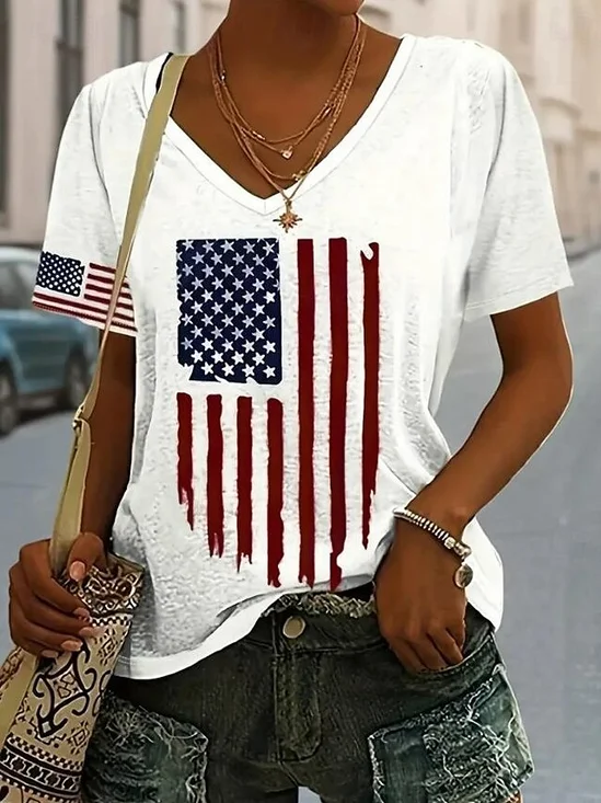 Women America Flag Short Sleeve Tee T-shirt V Neck Casual Summer Top