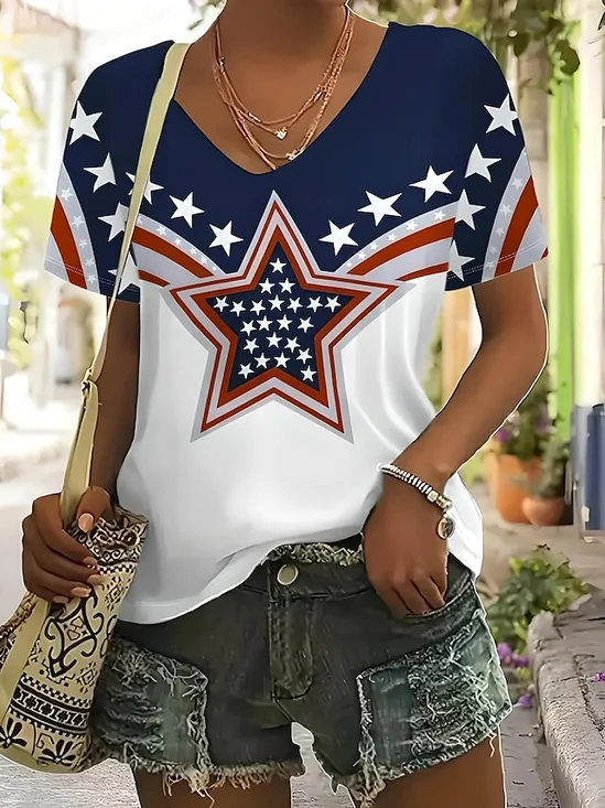 Women America Flag Short Sleeve Tee T-shirt V Neck Casual Summer Top
