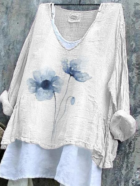 Women Floral Long Sleeve Blouse Spring/Fall Printing V Neck Daily Casual Top