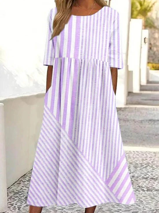 Women Striped Half Sleeve Summer Dress Crew Neck Daily Casual Maxi Shirt Dress A-Line Dress