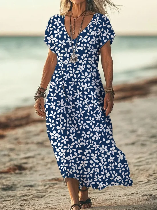 Women Floral Short Sleeve Summer Printing Dress V Neck Daily Casual Maxi X-Line Dress