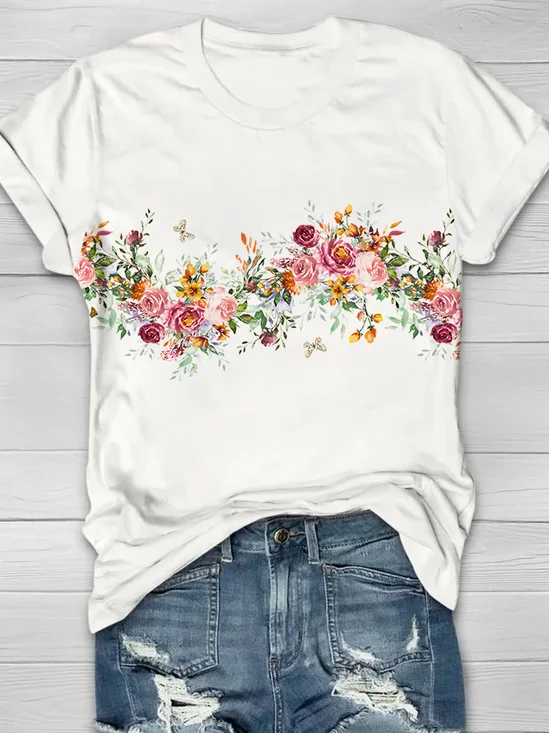 Women Floral Short Sleeve Tee T-shirt Crew Neck Printing Casual Summer Graphic Tee Top