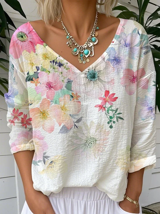 Women Floral Long Sleeve Tee T-shirt V Neck Casual Spring/Fall Top