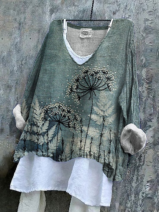 Women Floral Long Sleeve Blouse Spring/Fall Printing V Neck Daily Casual Top