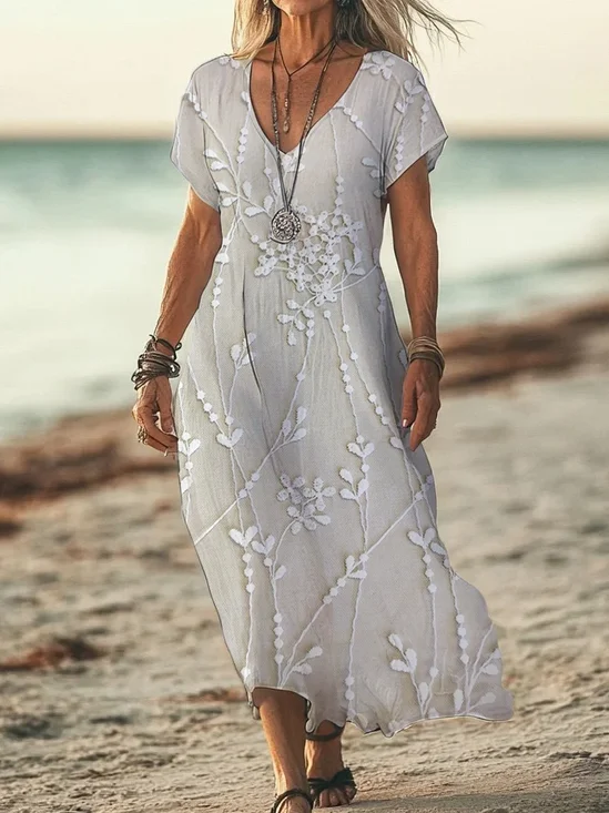 Women Floral Short Sleeve Summer Printing Dress V Neck Daily Casual Maxi X-Line Dress