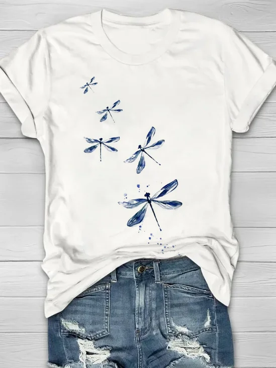 Women Dragonfly Short Sleeve Tee T-shirt Crew Neck Printing Casual Summer Graphic Tee Top