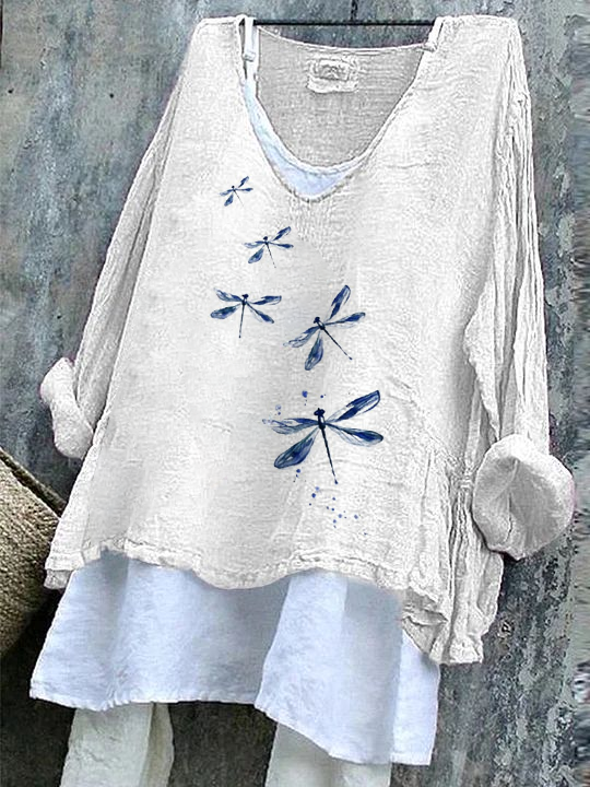 Women Dragonfly Long Sleeve Blouse Spring/Fall Printing V Neck Daily Casual Top