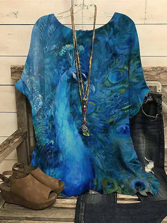 Women Peacock Three Quarter Sleeve Tee T-shirt Crew Neck Vintage Spring/Fall Top