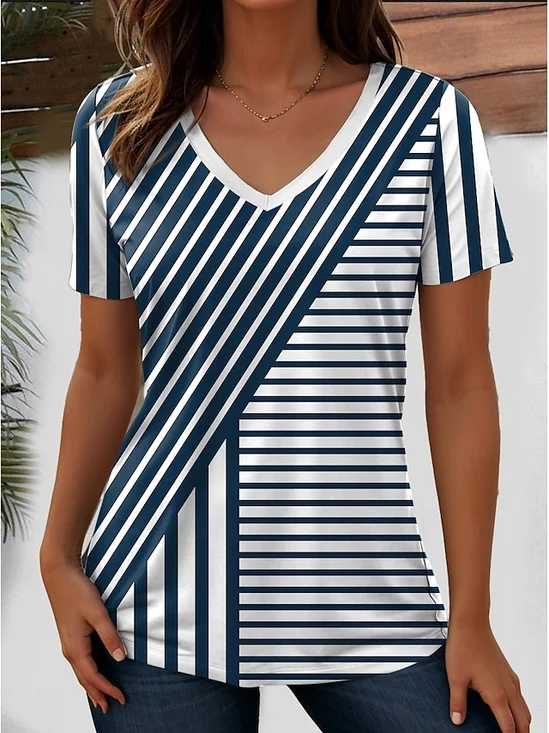 Women Striped Short Sleeve Tee T-shirt V Neck Casual Summer Top
