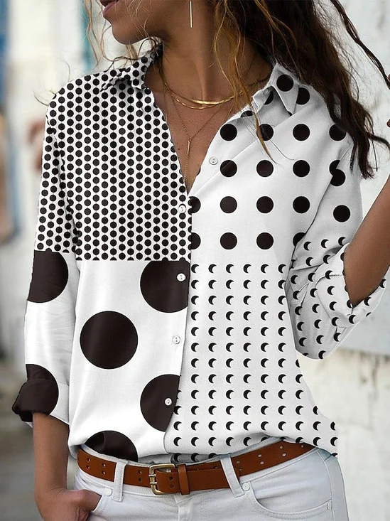 Women Polka Dots Long Sleeve Shirt Spring/Fall Shirt Collar Daily Casual Top